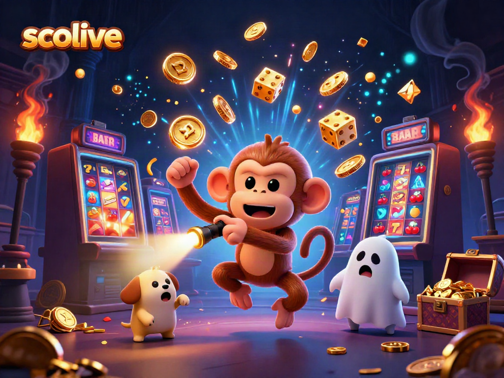 Socolive features a poltergeist monkey juggling gold items in a stunning casino scene.