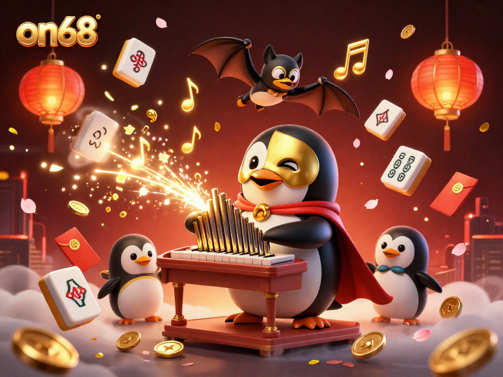 on68 showcases a vibrant casino fantasy scene with a penguin playing a golden organ amidst festive elements.