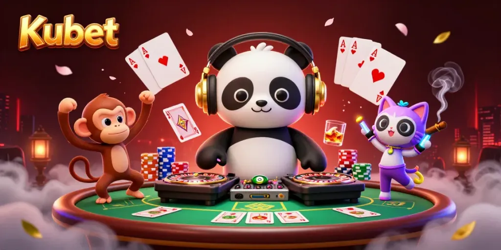 Kubet's vibrant 3D scene with a DJ panda, breakdancing monkey, and glow-stick kitten celebrating casino gaming.