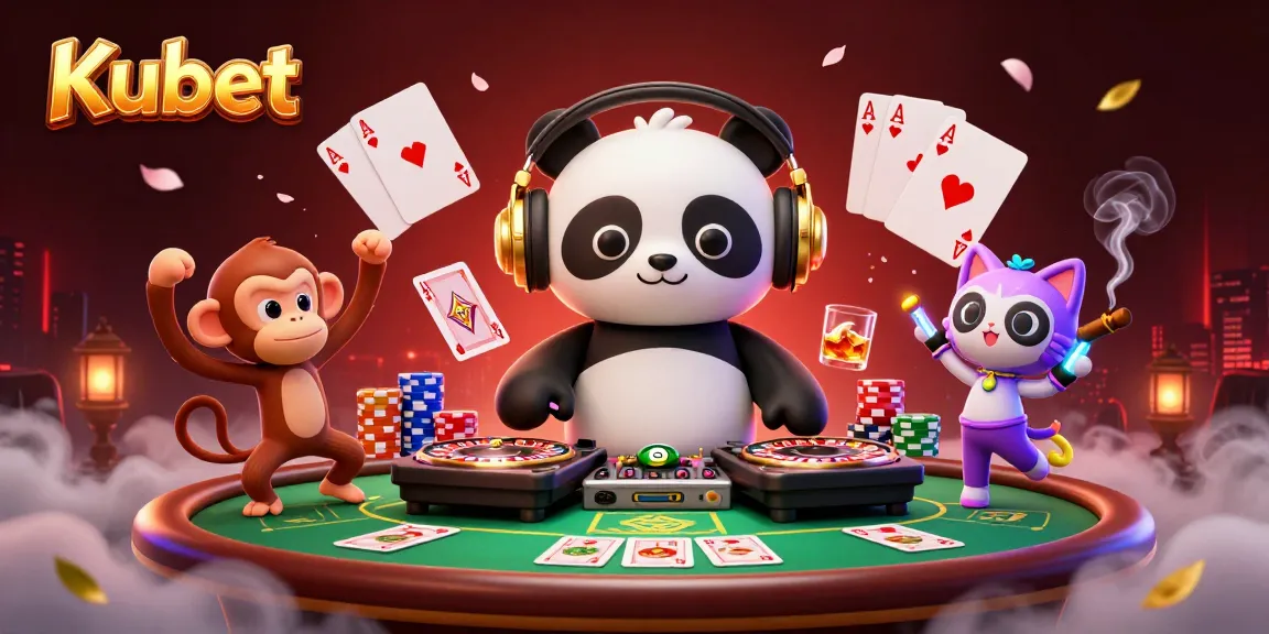 Kubet's vibrant 3D scene with a DJ panda, breakdancing monkey, and glow-stick kitten celebrating casino gaming.