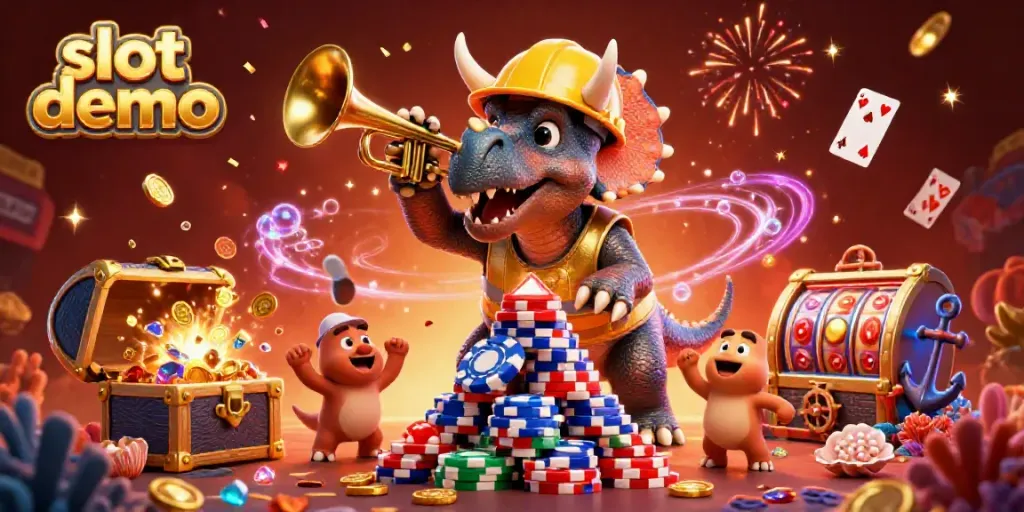 Slot demo menyajikan pertunjukan triceratops dan parasaurolophus merayakan kemenangan dengan koin emas.