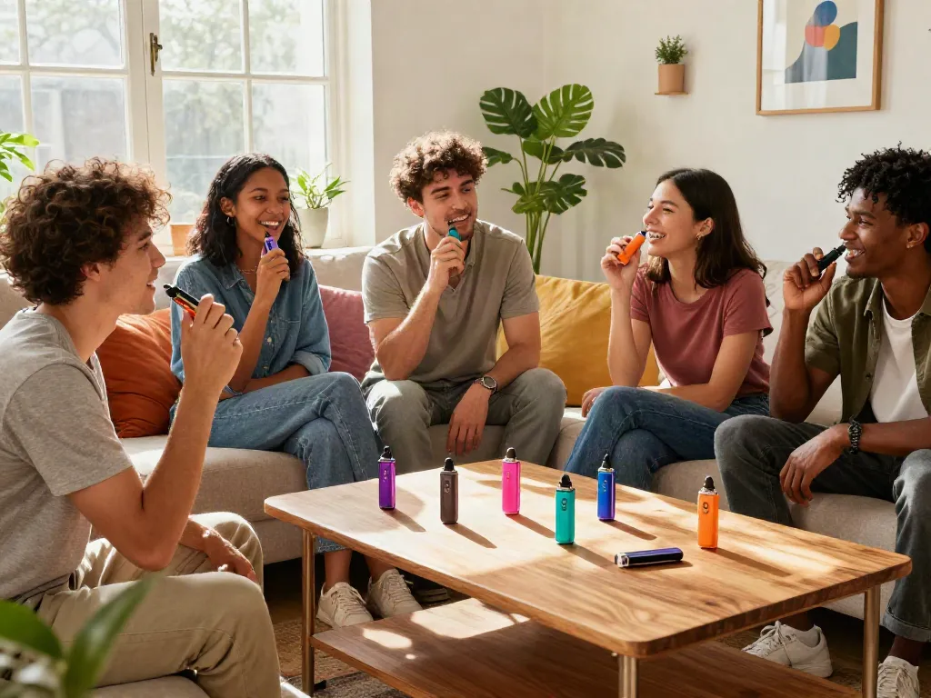 Friends enjoying Alien Labs Disposable vapes in a cozy living room