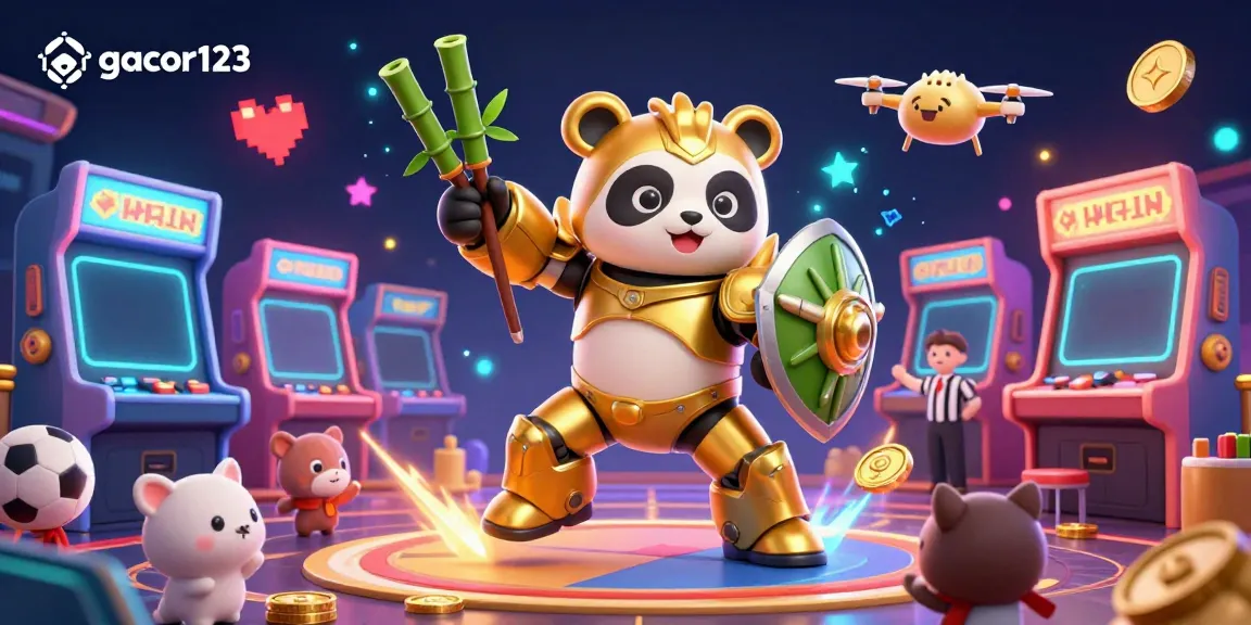 Engage with gacor123's vibrant casino experience featuring a golden panda in a dynamic gaming scene.