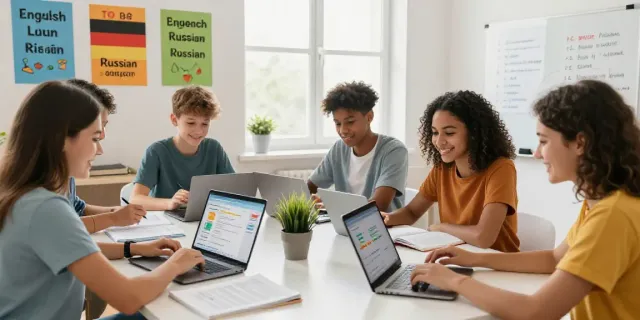 Toto educational scene with students engaged in interactive language learning at home office.