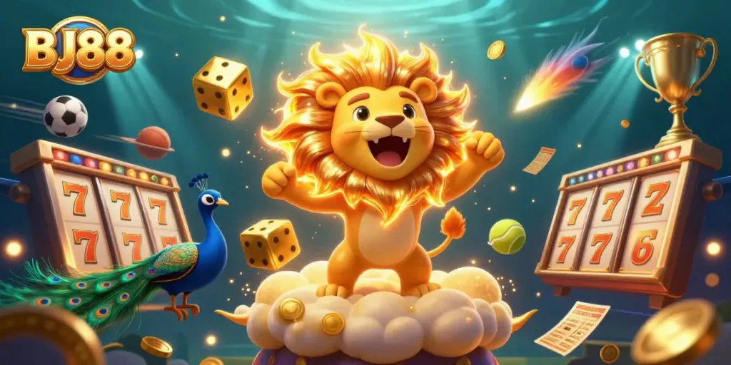 BJ88 offers thrilling gameplay with a sun lion and golden dice amidst vibrant casino elements.