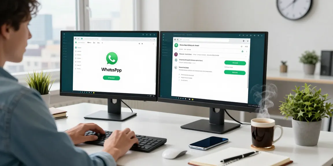 Using WhatsApp網頁版 on a sleek desk setup with dual monitors and coffee.