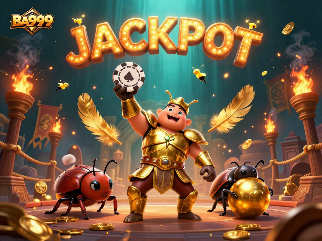 BA999 features a victorious beetle character amidst a vibrant casino-themed scene rich with elements like poker chips and golden coins.