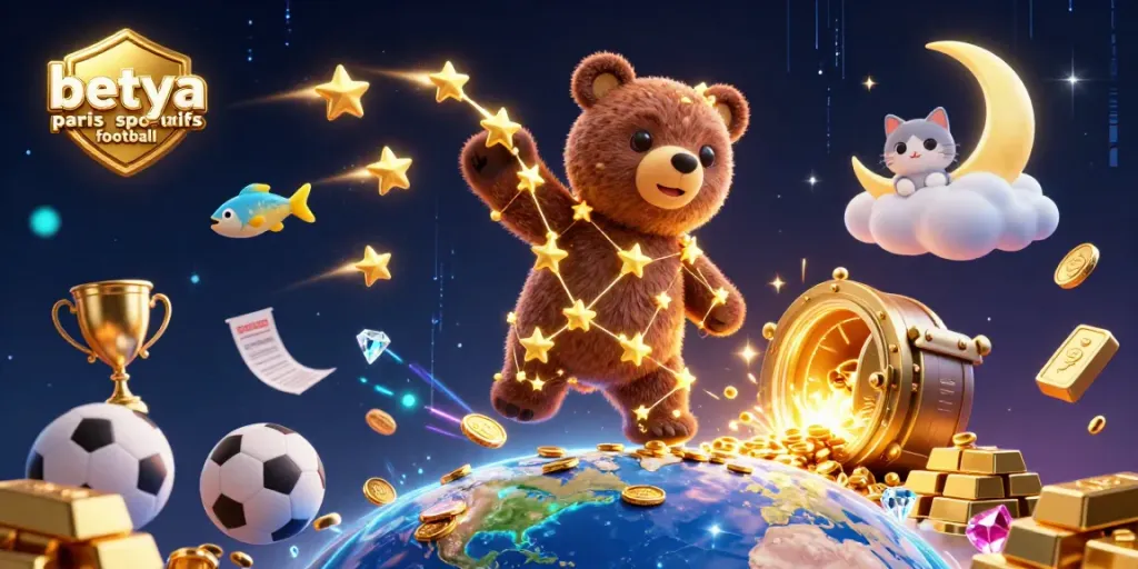 Betya paris sportifs football sports betting scene featuring sparkling trophies, vibrant characters, and betting elements.