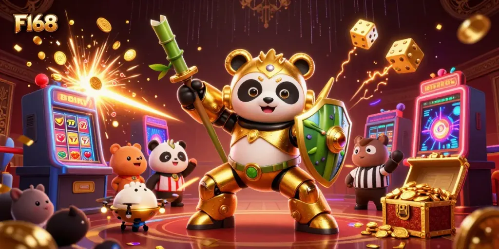 Engage in exciting casino action with F168 featuring a golden panda pilot and vibrant gaming elements.