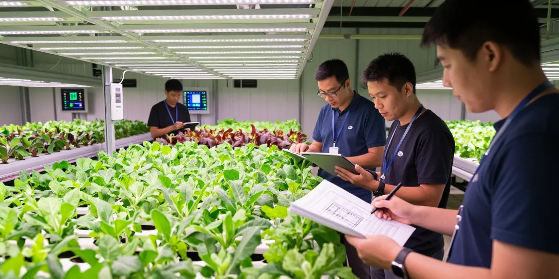 CIKA4D team collaborating in a modern indoor agriculture setup, showcasing advanced growth technology and sustainable design.