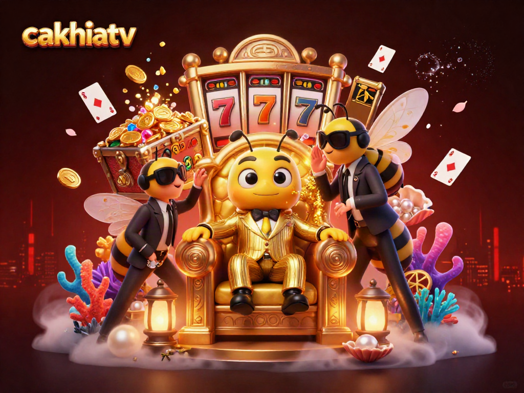 Cakhiatv showcases a vibrant illustration of a cartoon bumblebee mob boss surrounded by dynamic gambling elements.