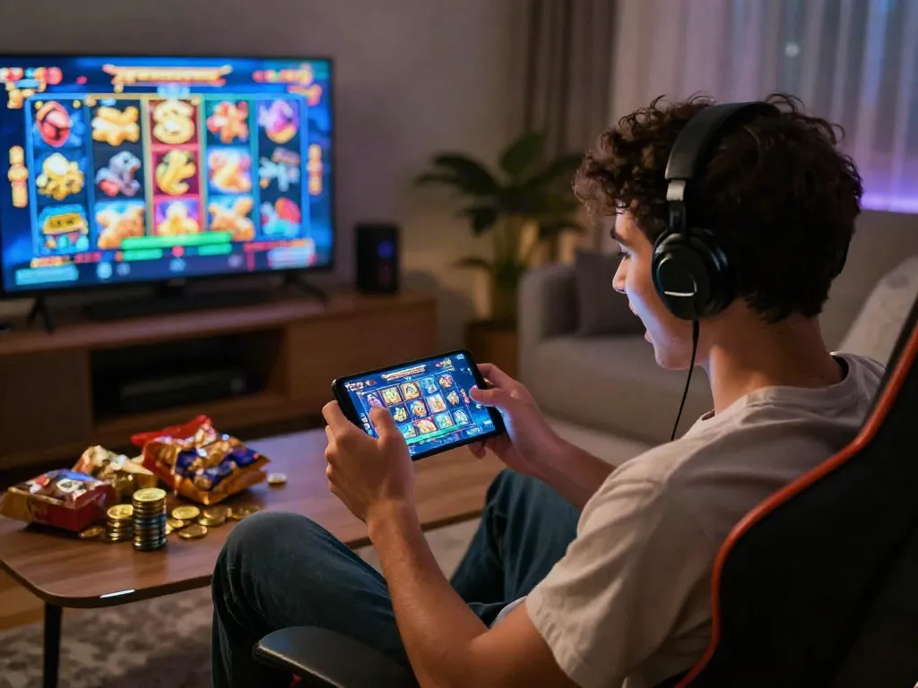 Pengguna bermain slot zeus di perangkat seluler dengan suasana nyaman dan grafis permainan slot yang ceria.