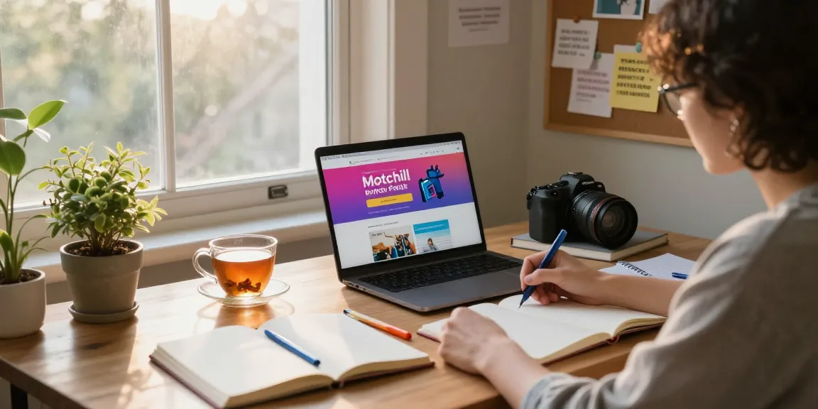Motchill writer in a cozy home office, crafting engaging content with notebooks and a laptop.