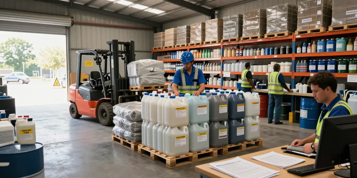 Industrial chemicals wholesale warehouse with workers organizing supplies and safety compliance.