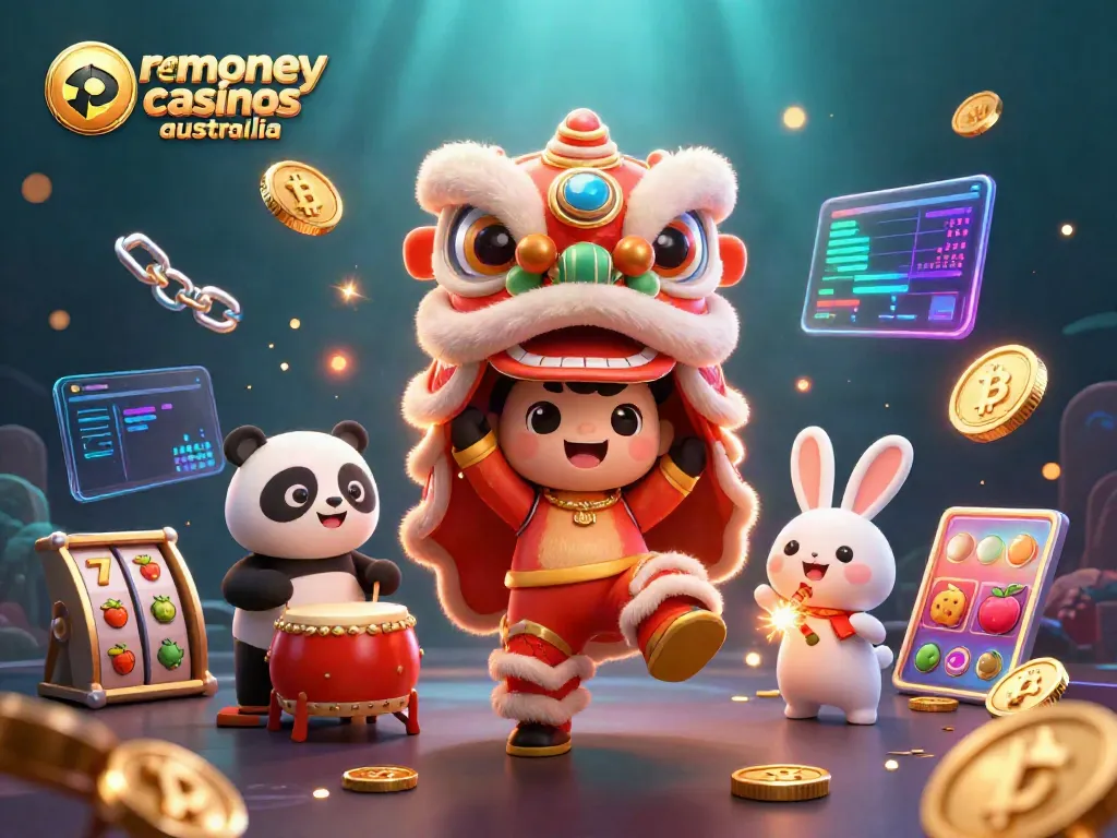 Engage with real money casinos Australia in vibrant 3D featuring a lion dance and game elements.