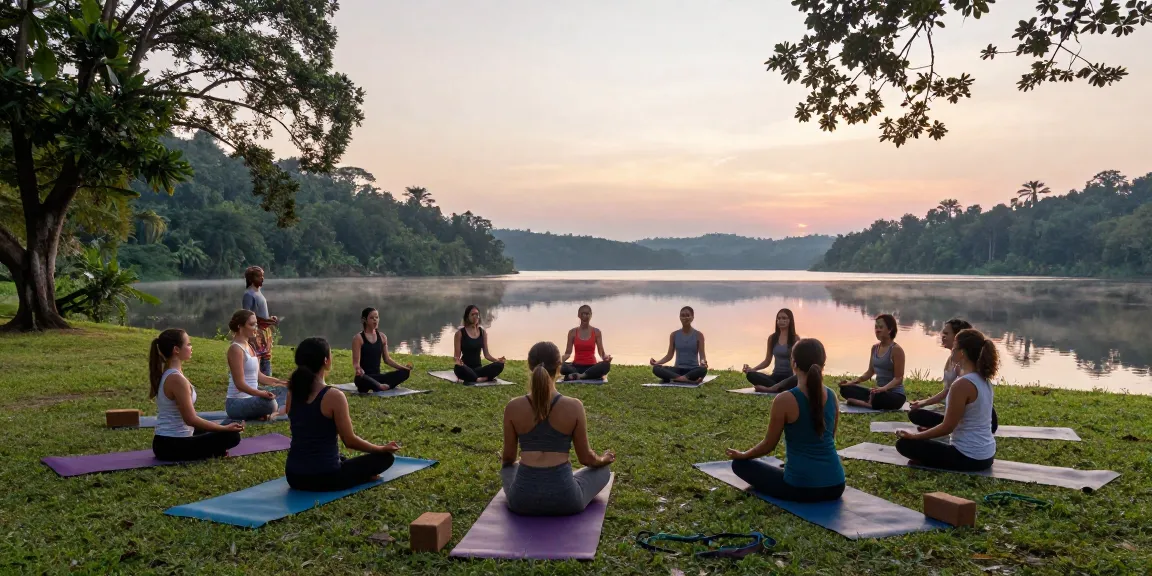 Yoga teacher training Sri Lanka 2026 at sunrise by Koggala Lake, students meditating with instructor in a serene environment.