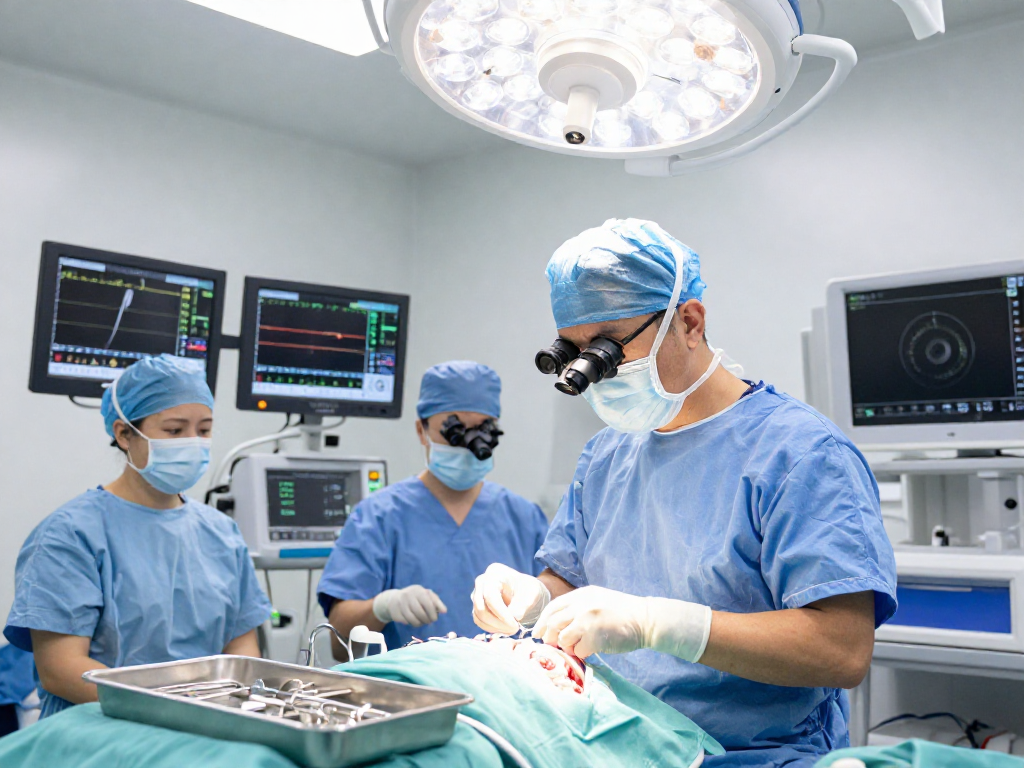 Beyin tümörü ameliyatı scene showcasing a neurosurgeon and medical staff in a high-tech surgical environment performing a procedure with advanced equipment.