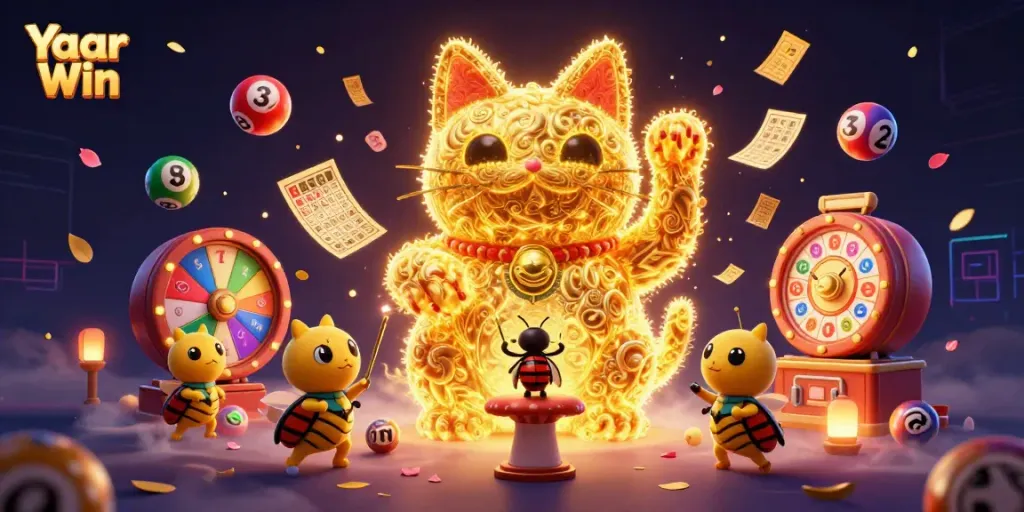 Engage in Yaar Win with vibrant lottery balls, a lucky cat, and dynamic gaming elements in this colorful illustration.