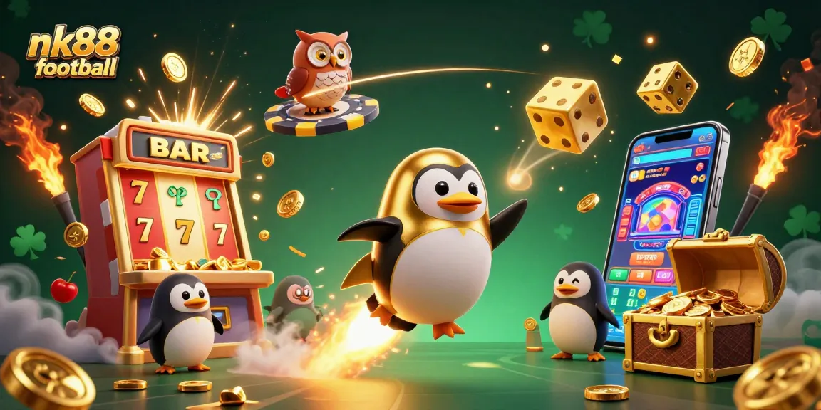 Win big at nk88 football with exciting casino adventures featuring a golden penguin and jackpot excitement.
