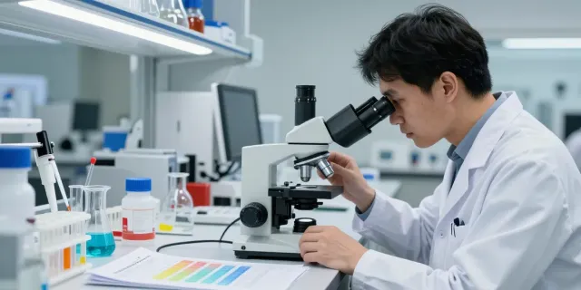 SwissChems scientist analyzing high-quality peptide samples in a bright laboratory