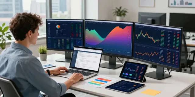 Dynamic financial workspace with analyst using FintechZoom.com for market insights.