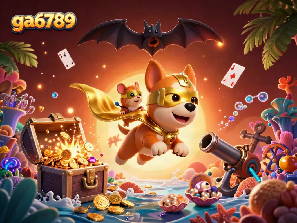 Engage with the thrilling adventures of ga6789, a vibrant 3D casino illustration showcasing immersive games and playful characters.