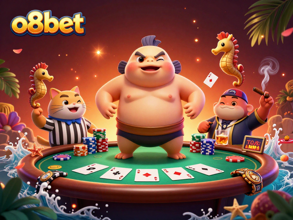 Exciting o8bet poker scene with colorful characters and casino elements in a vibrant underwater setting.