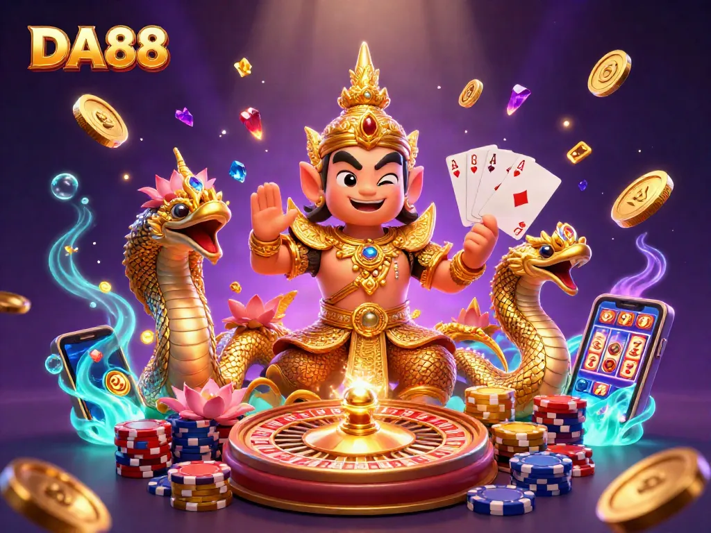 Spin the reels at DA88 with vibrant 3D characters and exciting casino action in a dynamic digital scene.