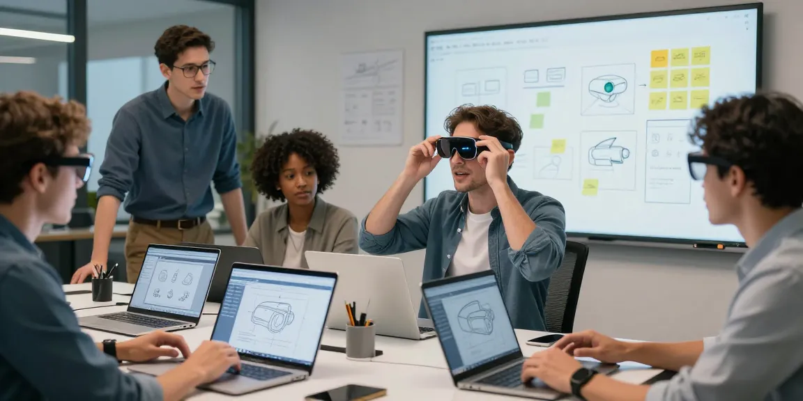 Team collaboration on smart glasses prototype in a modern office.