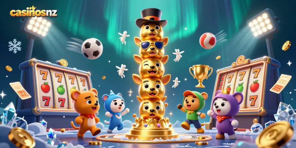 Engage with casinosnz as dynamic characters celebrate wins in a colorful online gaming scene.
