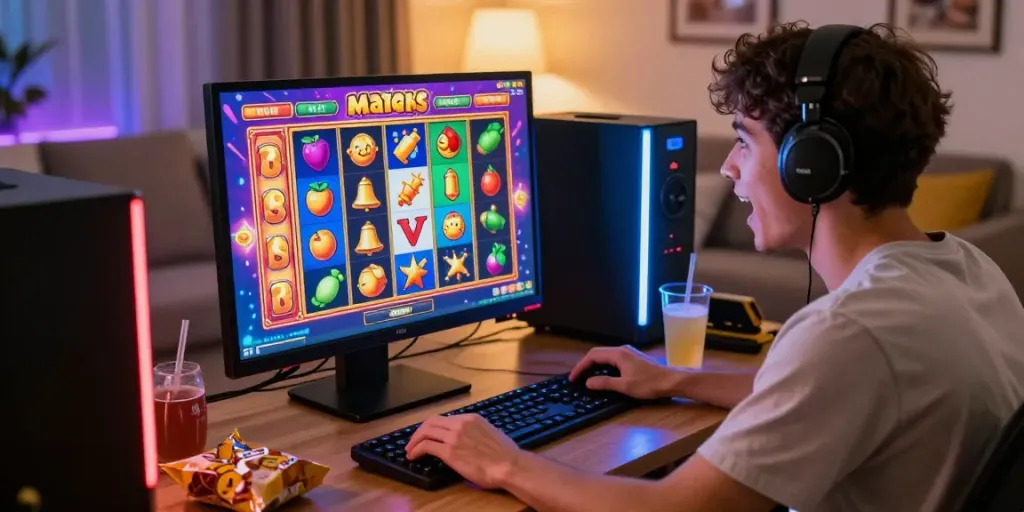 Engaged player experiencing an exhilarating online slot game with colorful graphics and snacks in a cozy gaming setup.