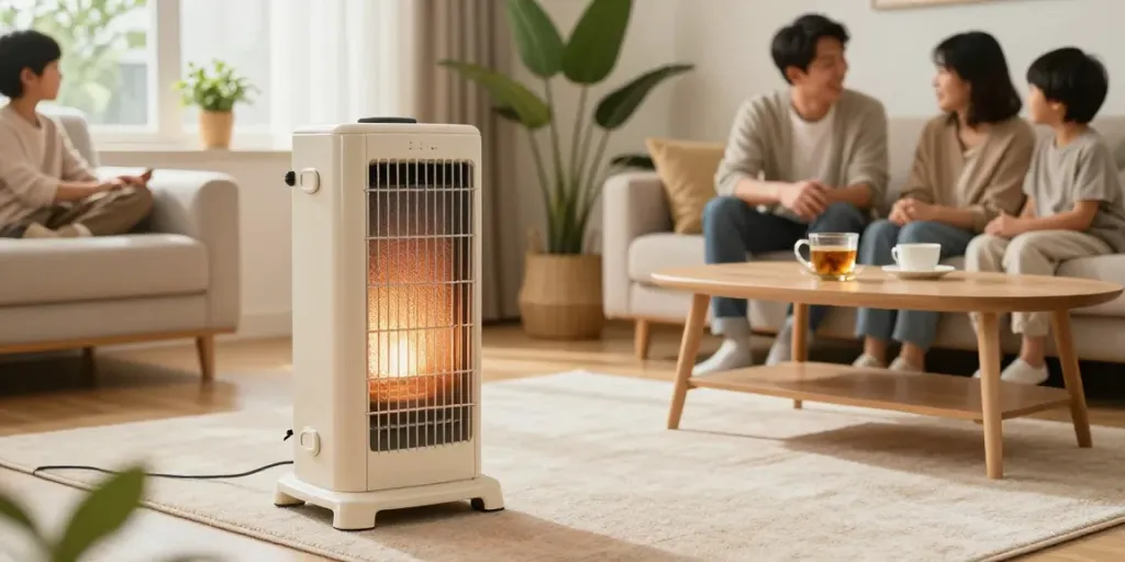 Cozy living room with a ceramic heater providing warmth and comfort.