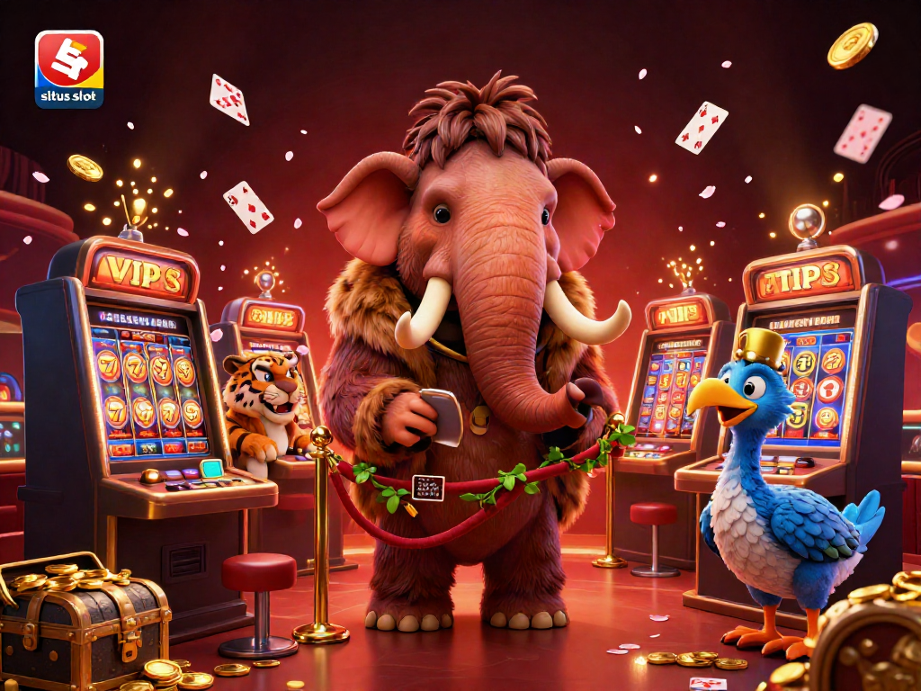 Engaging scene demonstrating situs slot with a mammoth bouncer, saber-tooth VIP, and doorman at a vibrant casino entrance.