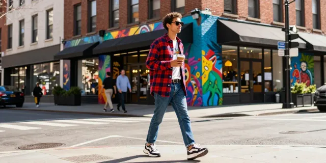 Fashionisk .com urban fashion scene with stylish individual in trendy outfit navigating city streets.