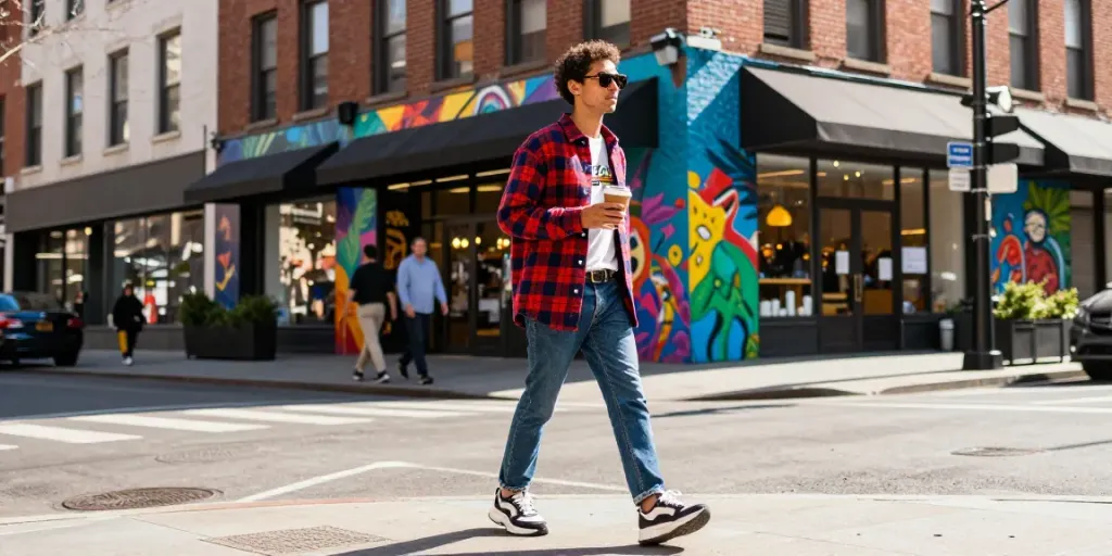 Fashionisk .com urban fashion scene with stylish individual in trendy outfit navigating city streets.
