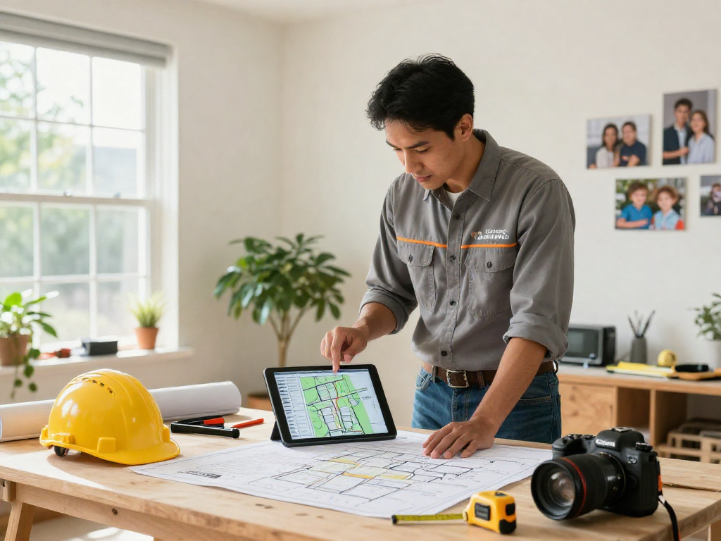Contractor lead generation strategy in action, showing contractor consulting with a client in a bright home office with a tablet and building materials.