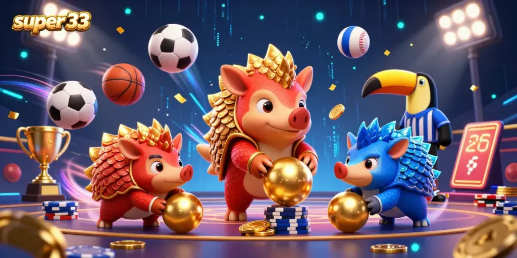 Super33 pangolins compete in a thrilling casino scene, amidst poker chips, neon lights, and dynamic sports elements.