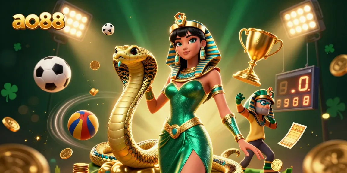 Experience vibrant gaming adventure with ao88, featuring a glamorous woman, golden cobra, and dynamic sports elements.