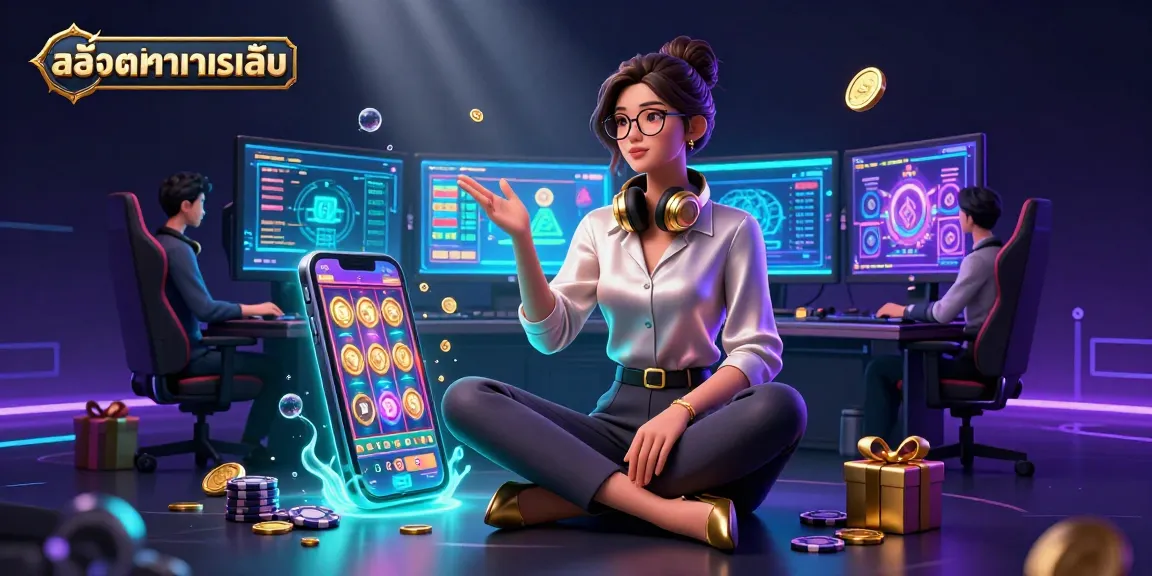 Engage with สล็อตทดลองเล่น through an immersive 3D setup showcasing slot games, chips, and vibrant visuals.