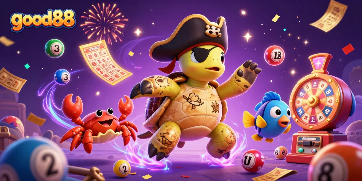 Good88 offers exciting online casino fun with vibrant illustrations of pirate turtle and colorful lottery elements.