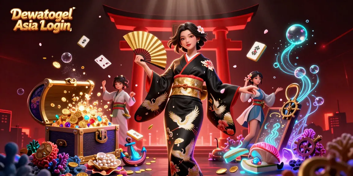 Dewatogel Asia Login showcases enticing game action with an elegant woman surrounded by vibrant gambling elements.