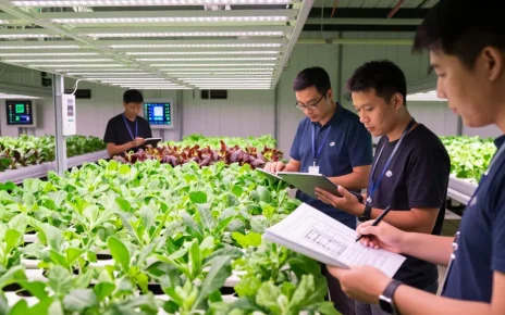 CIKA4D team collaborating in a modern indoor agriculture setup, showcasing advanced growth technology and sustainable design.