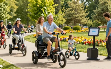 People riding the best electric tricycles along a scenic pathway, highlighting joy and community.