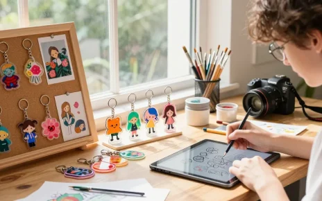 Custom acrylic keychain designs displayed in a vibrant artist's workspace.