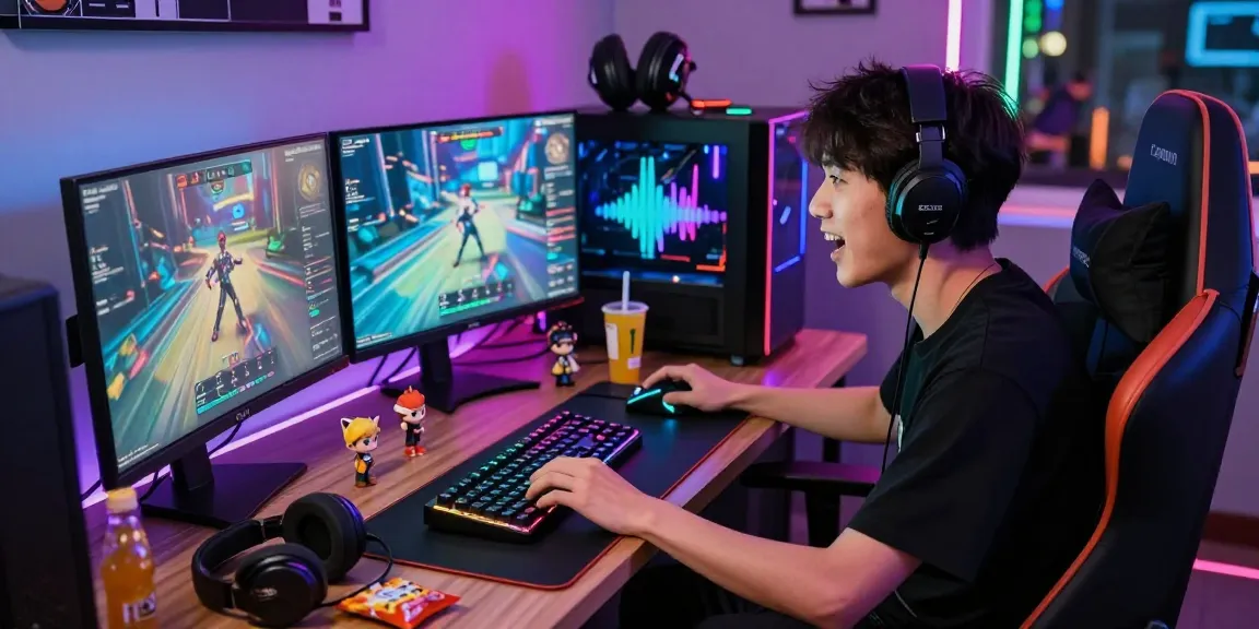 Player immersed in gacor gaming environment with dual monitors, RGB keyboard, and colorful LED lights.
