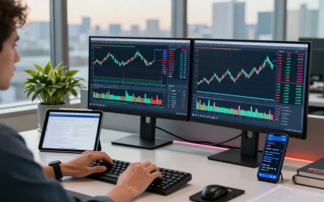 Dynamic forex trading setup with MetaTrader 4 interface on dual screens and trader ready to execute trades.