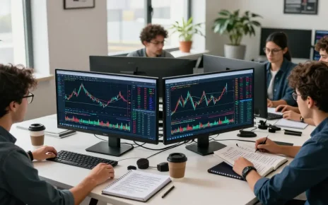 Traders utilizing mt5 in a modern workspace analyzing financial data and charts.