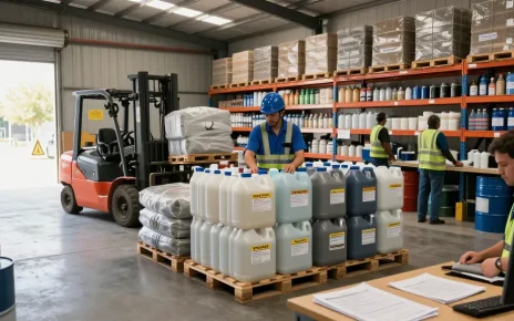Industrial chemicals wholesale warehouse with workers organizing supplies and safety compliance.